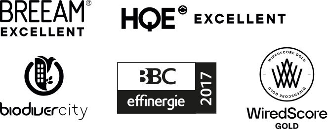 logos des certifications obtenues : BREEAM Excellent, HQE Excellent, biodivercity, BBC effinergie 2017, WiredScore Gold